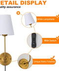 Detail view of Two Pack Plug In Wall Sconces Antique Brass Vintage Industrial Style with Flared White Fabric Shade with switch