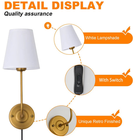 Detail view of Two Pack Plug In Wall Sconces Antique Brass Vintage Industrial Style with Flared White Fabric Shade with switch