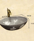 Built Tough 22 X 14 Oval Ceramic Vessel Sink Delivering Chinese Antique Charm And Easy Peasy Cleanup For Any Bathroom Or Balcony Countertop Remodel And Upgrade, showing dimensions.