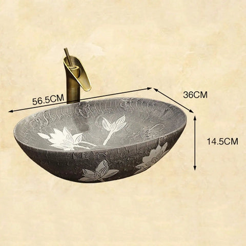 Built Tough 22 X 14 Oval Ceramic Vessel Sink Delivering Chinese Antique Charm And Easy Peasy Cleanup For Any Bathroom Or Balcony Countertop Remodel And Upgrade, showing dimensions.