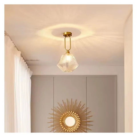 Nordic Led Gold Pendant Light Diamond Glass Lighting Fixture for Kitchen Island Living Room Hallway,for Household Entry, hanging from ceiling.