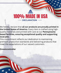 100% Made in USA declaration with patriotic design and text about quality materials and local jobs.