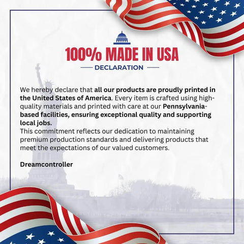 100% Made in USA declaration with patriotic design and text about quality materials and local jobs.