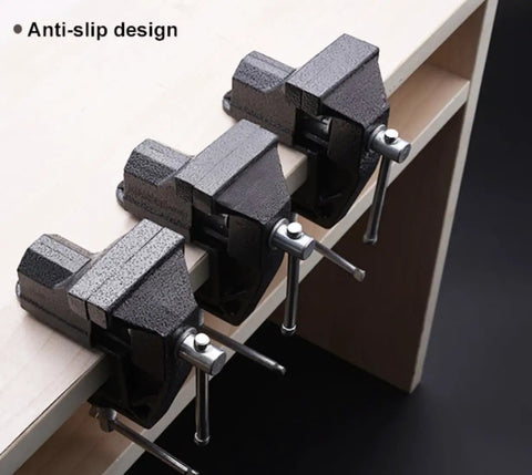 Three 2 Inch Mini Bench Vise Beefy Heavy Duty Table Clamp With 1.20 Inch Jaw Width Anti Slip Jaws mounted on table edge