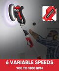 Person using Drywall Sander With Vacuum Attachment 800W Power, 900 to 1800 RPM, LED Light, extendable handle