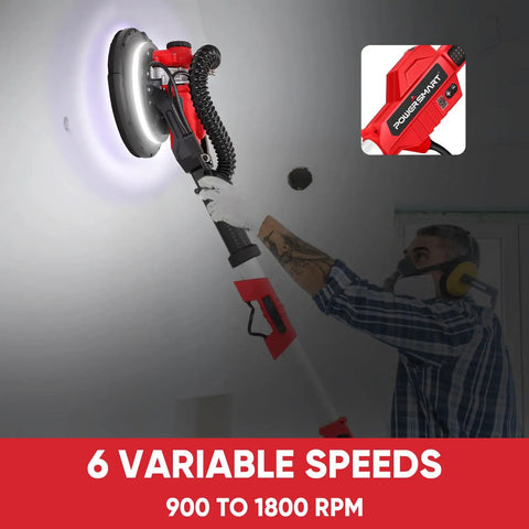 Person using Drywall Sander With Vacuum Attachment 800W Power, 900 to 1800 RPM, LED Light, extendable handle