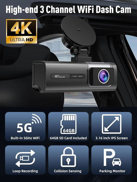 3 Channel 5G WiFi Dash Cam Front Cabin And Rear 4K Plus 1080P Plus 1080P Video With HDR Night Vision G Sensor in car