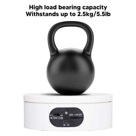 Smart Motorized Rotating Display Stand With Smooth 360 Spin For Pro Photo Shoots Store Counters And Home Shows Loads Up To 5. 5 Pounds with kettlebell.