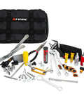 Trail Saver Motorcycle Tool Kit With Tool Pack 17mm And 32mm Wrenches For Rough And Tumble Off Road Bikes Includes Puncture Repair Kit And CO2 Inflator In Zip Pack Or Heavy Duty Fanny Pack displayed with tools.
