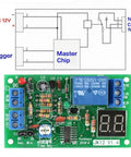 Top view of 12V Digital LED Countdown Timer And Delay Relay Module with adjustable trigger and schematic diagram.