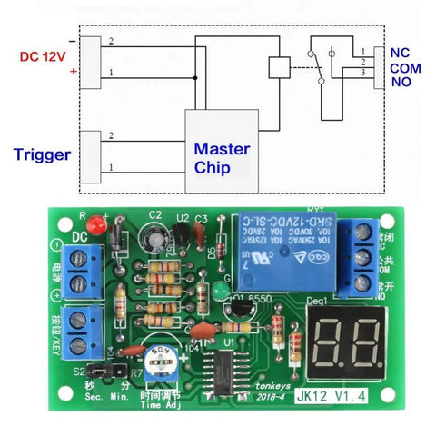Top view of 12V Digital LED Countdown Timer And Delay Relay Module with adjustable trigger and schematic diagram.