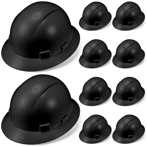 Image of 10 Pack Full Brim Hard Hats For Construction Worksites Boss Level Protection With 6 Point Adjustable Ratchet Suspension HDPE Safety Helmet ANSI Z89 1 Type I Class E Meets PPE Standards For Men And Women, showing black helmets with full brim design.