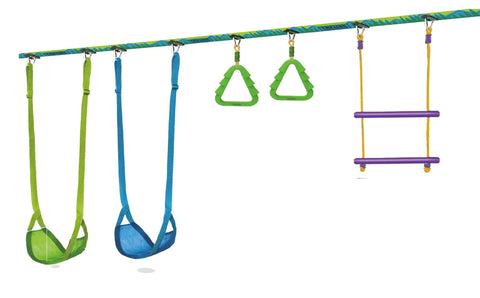 Backyard Gymnastics And Swing Set Kit With 36 Ft Slackline, Monkey Bars, Two Swings, Double Trapeze Bar, Two Gym Rings visible in detail