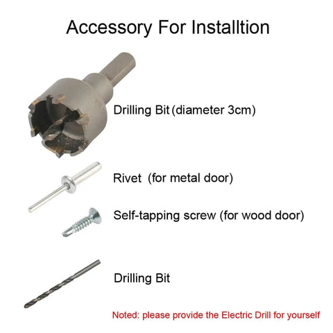 Accessory For Installation including drilling bit, rivet, and self-tapping screw for Heavy-Duty Waterproof Fingerprint Door Lock.