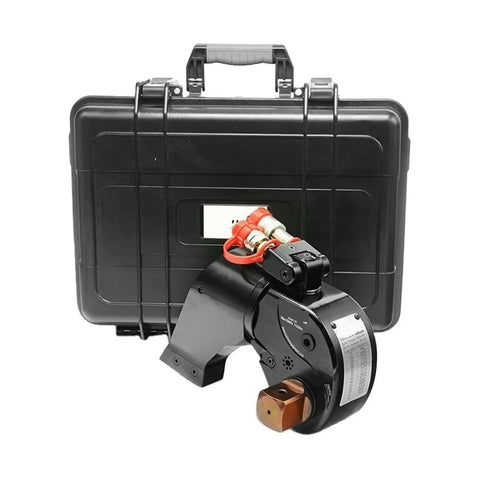 Dead Nuts Accurate Hydraulic Torque Wrench with black carrying case, pneumatic drive head for bolt fastening.
