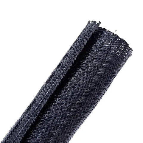 Close-up of black self closed cable sleeve made of PET braided material for easy DIY friendly cable management and wire wrapping
