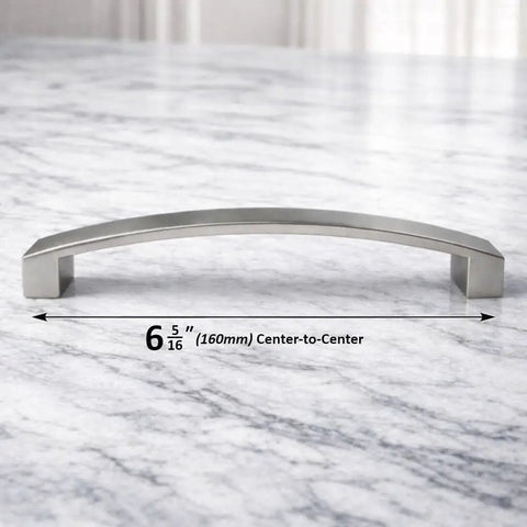 20 Pack Curved Arch Cabinet Pulls Zinc Handles With Brushed Nickel Finish 6.3 Inch Center To Center Mounting on marble counter