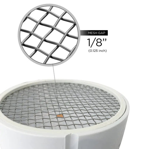 R1508 Termination Cap Vent Cover Mesh Screen for Round Furnace PVC Pipe showing 1/8 inch mesh gap detail