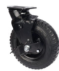 Tough As Nails Eight Inch Pneumatic Rubber Wheel With Flanged Track And Reliable Side Brake designed for heavy loads and hotel carts, close-up view.