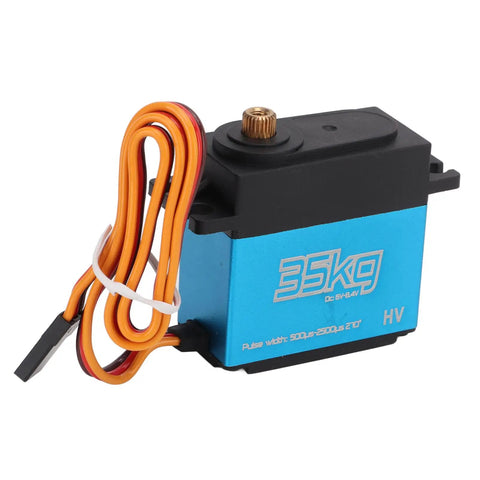 Rock Solid 35Kg Hollow Cup Motor RC Servo Waterproof Stainless Steel Gears Hard Anodized Aluminum Housing Zero Lag Response Built Tough Compatible With 1/8 1/10 1/12 RC Cars front view with power cable.