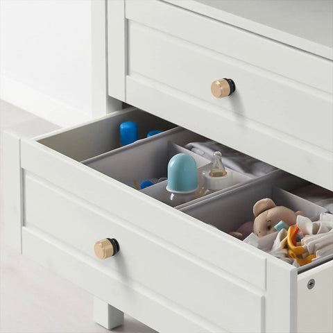 Open dresser drawer with 10 Pack Matte Black And Gold Knurled Cabinet Knobs For Kitchen Cabinets And Dressers Zinc Drawer Knobs installed.