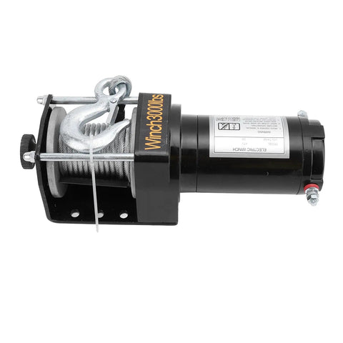 Heavy Duty 12V Electric Winch Kit With Steel Rope Delivers Massive 3,000 Lbs Towing Pulling Power For Car Truck Trailer Recovery And Loads, showing the winch motor and steel rope.