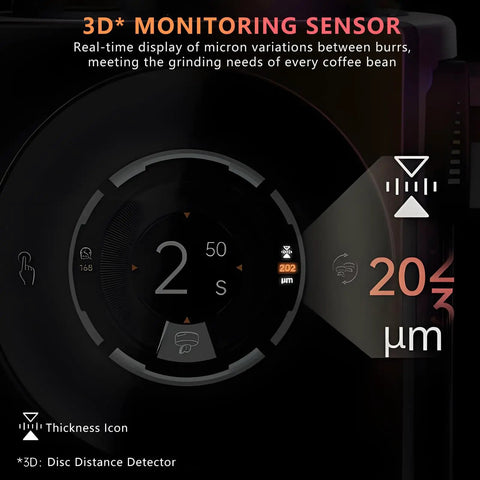 Display of the 3D monitoring sensor showing grinding settings on the Desktop Electric Coffee Grinder With Flat Burrs Vivid Touchscreen Display.