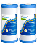Two blue and white whole house 10 inch by 4.5 inch sediment filter, 5 micron fits Culligan GE FXHTC RFC BBSA W50PEHD GXWH40L GXWH35F GNWH38S Dupont WFHD13001 Pentek R50 BB two pack.