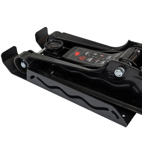 Black hydraulic floor jack with detailed markings, suitable for Tough As Nails Wall Mount Floor Jack Stand Rack Garage Tool Storage Organizer.