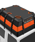 Rooftop Cargo Carrier Bag 30 Cubic Waterproof on vehicle roof with orange accents and secure straps, ideal for road trips.