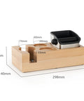 Wooden Espresso Knock Box And Tamper Holder Station With Non Slip Base Fits 58mm Portafilter showing measurements and design.