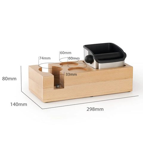Wooden Espresso Knock Box And Tamper Holder Station With Non Slip Base Fits 58mm Portafilter showing measurements and design.