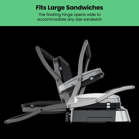 Chefman 5-in-1 Digital Panini Press Grill And Sandwich Maker with floating hinge open to fit large sandwiches.