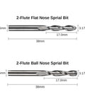 Genmitsu metal end mills: 2-flute flat-nose and 2-flute ball-nose, 1/8 in shank, diagram shows 38 mm overall length