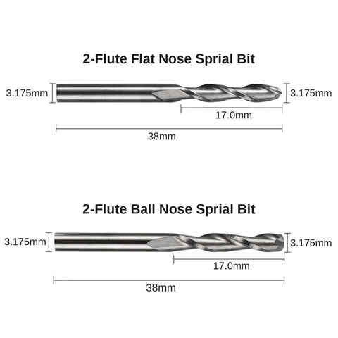Genmitsu metal end mills: 2-flute flat-nose and 2-flute ball-nose, 1/8 in shank, diagram shows 38 mm overall length