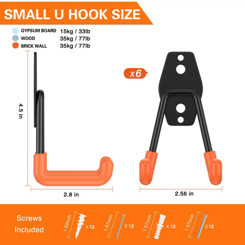 Six Pack Heavy Duty Garage Hooks 2.8 Inch U Shaped Wall Mounted Hanger dimensions and installation info with screws included.