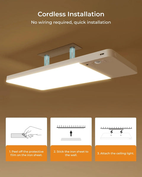 Rechargeable Motion Sensor Ceiling Light With 12000mAh Battery USB C Charge Remote Control No Brainer LED Ceiling Lamp for easy installation.