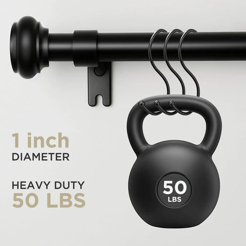 Heavy Duty Black Curtain Rod Adjustable From 32 To 88 Inches 1 Inch Diameter Decorative Drapery Rod With Resin Finials 50 lbs