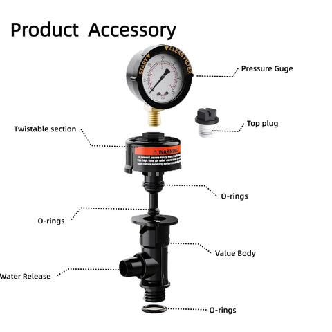 Front view of Air Relief Valve 98209800 for Pentair pool filter; black plastic body and pressure gauge.
