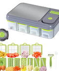 Amazin Goods all-in-one vegetable chopper with four pull-out bins and built-in cutting board in grey and lime.