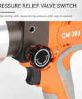 Pressure relief valve switch on Pro Level Kick Butt Electric Hydraulic Crimping Tool for easy operation during work.