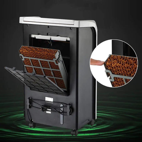 Compact Portable Evaporative Air Cooler With Quiet Swamp Cooling For Home Office humidifier with filter compartment opened.