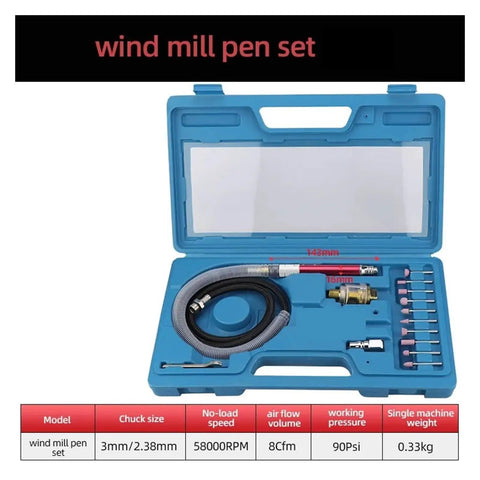 Compact And Dang Handy Mini Pneumatic Sanding Pen With Air Die Grinder Kit For Precision Polishing Engraving And Detail Work Delivering Sweet Finishes On Wood Metal Projects in blue case with tools and specifications.