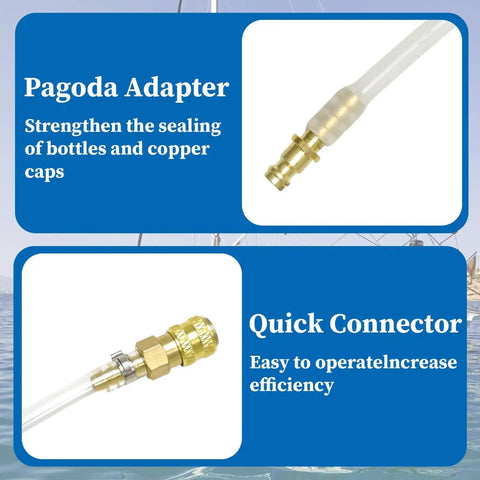 Sea Star Hydraulic Steering Bleed Kit For Boat Maintenance With PU Hose And Copper Fittings, Pro Grade Bleed Tool For Seastar Hydraulic Steering Systems Today, showing pagoda adapter and quick connector.