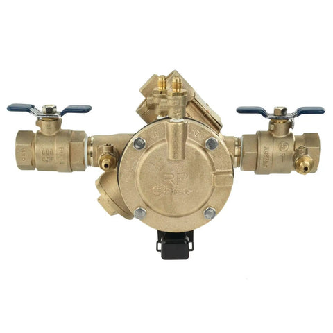 Pro Shop Grade Bronze Y Pattern RPZ Backflow Preventer With Sentryplus Sensor, detailed view from the front showing valves.