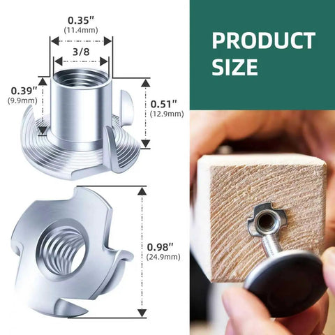 50 Piece 3/8-16 Tee Nuts Zinc Plated Steel Fasteners featuring four prongs displayed with size dimensions and installed in wood.
