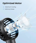 Close-up of Mini Portable Handheld Fan With 3 Speeds USB Rechargeable Personal Fan motor showing cooling and noise reduction features.