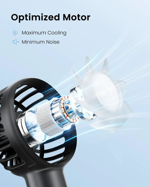 Close-up of Mini Portable Handheld Fan With 3 Speeds USB Rechargeable Personal Fan motor showing cooling and noise reduction features.