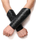 Badass Medieval Faux Leather Bracers Featuring Dragon And Viking Embossing, Adjustable Steampunk Punk Gothic Arm Cuffs, Dope Cosplay Halloween Accessories Set For Tough As Nails Adventure Games And Party Wear with detailed embossing on arms.