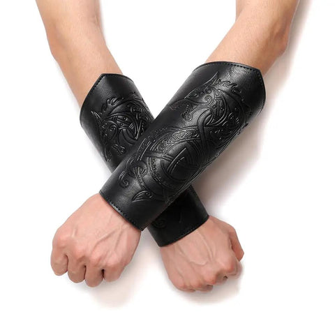 Badass Medieval Faux Leather Bracers Featuring Dragon And Viking Embossing, Adjustable Steampunk Punk Gothic Arm Cuffs, Dope Cosplay Halloween Accessories Set For Tough As Nails Adventure Games And Party Wear with detailed embossing on arms.